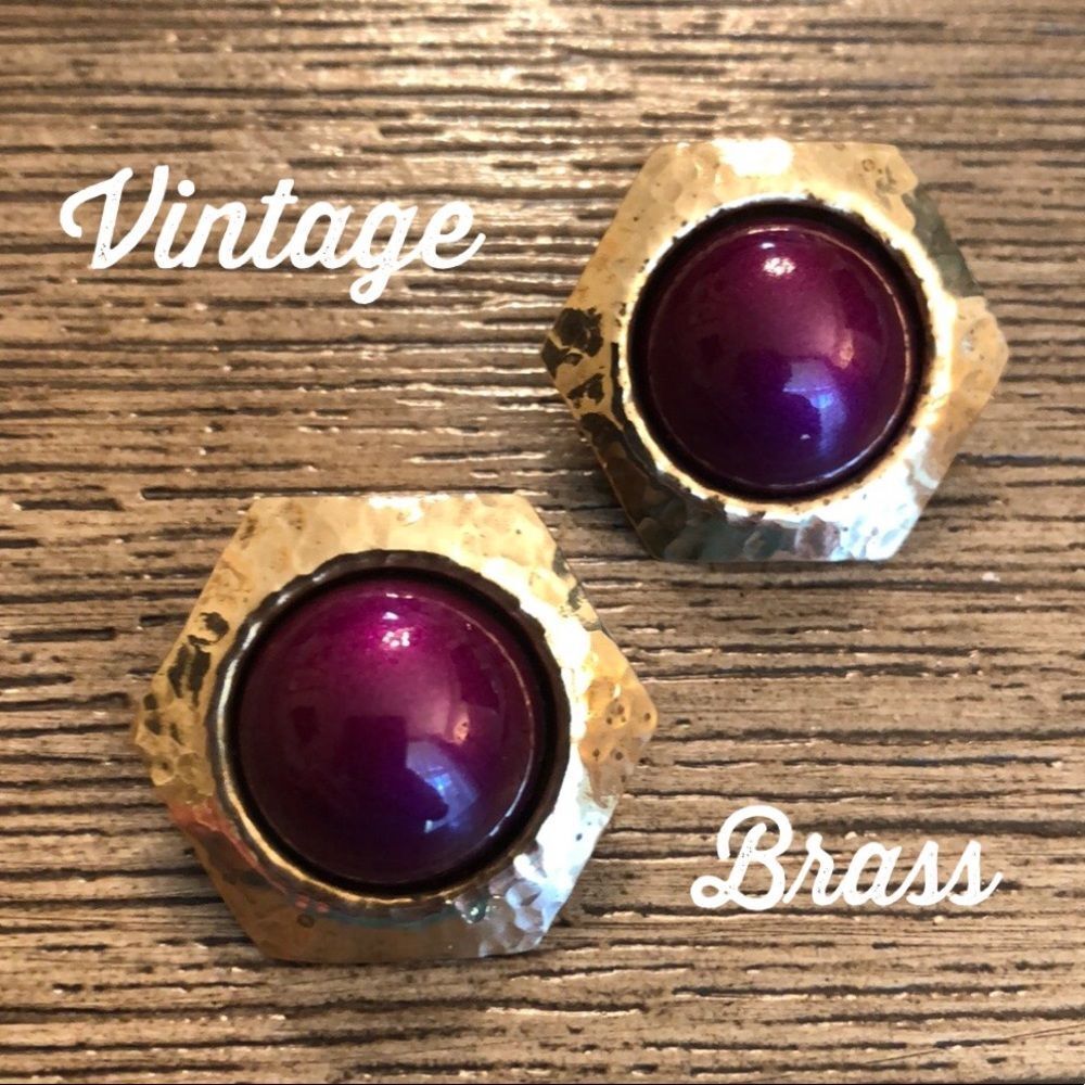 Vintage Hammered Brass Hexagon Earrings with Purple Center